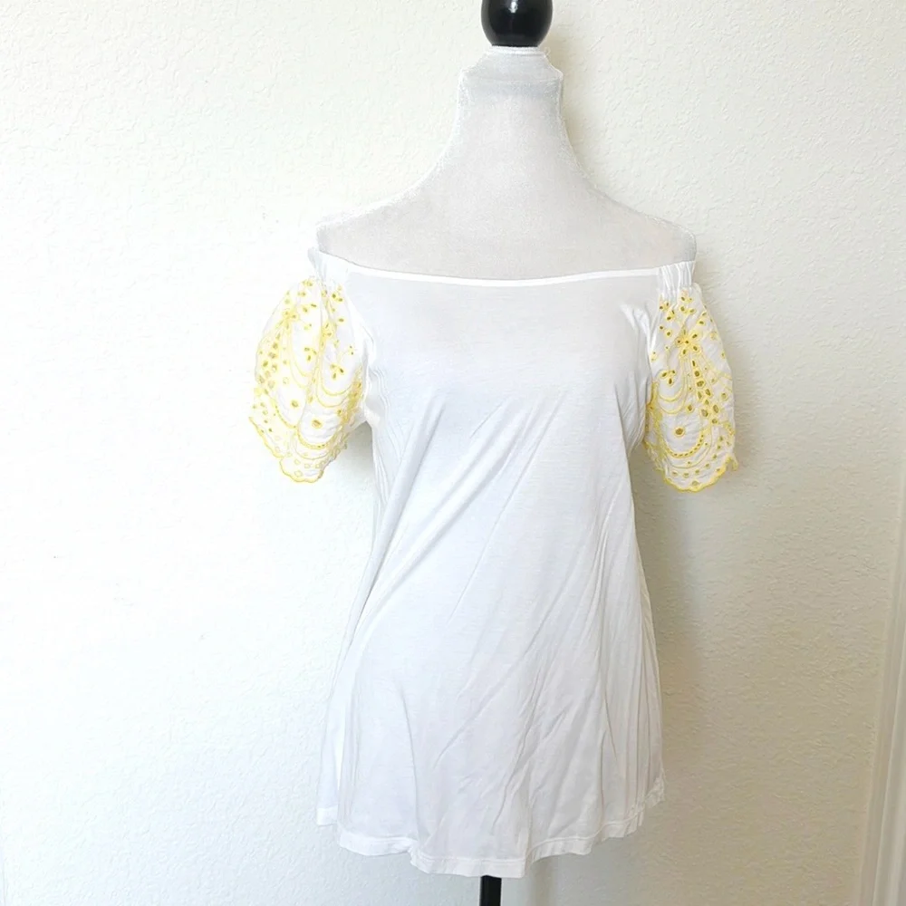 LOFT • White Yellow Embroidered Eyelet Flutter Sleeve Top